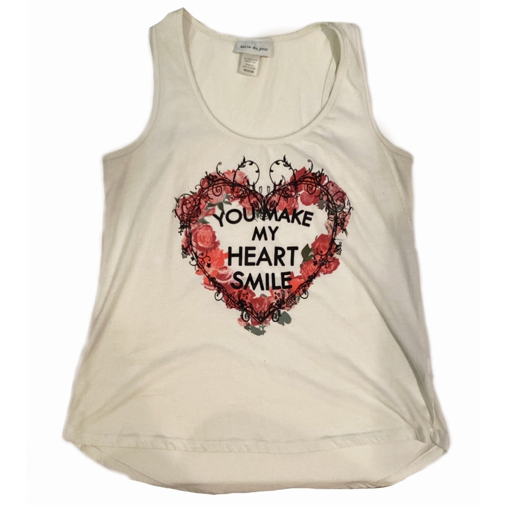 4/$15 💗 Belle Du Jour Size M Floral Heart You Make My Heart Smile Flowy TankTop